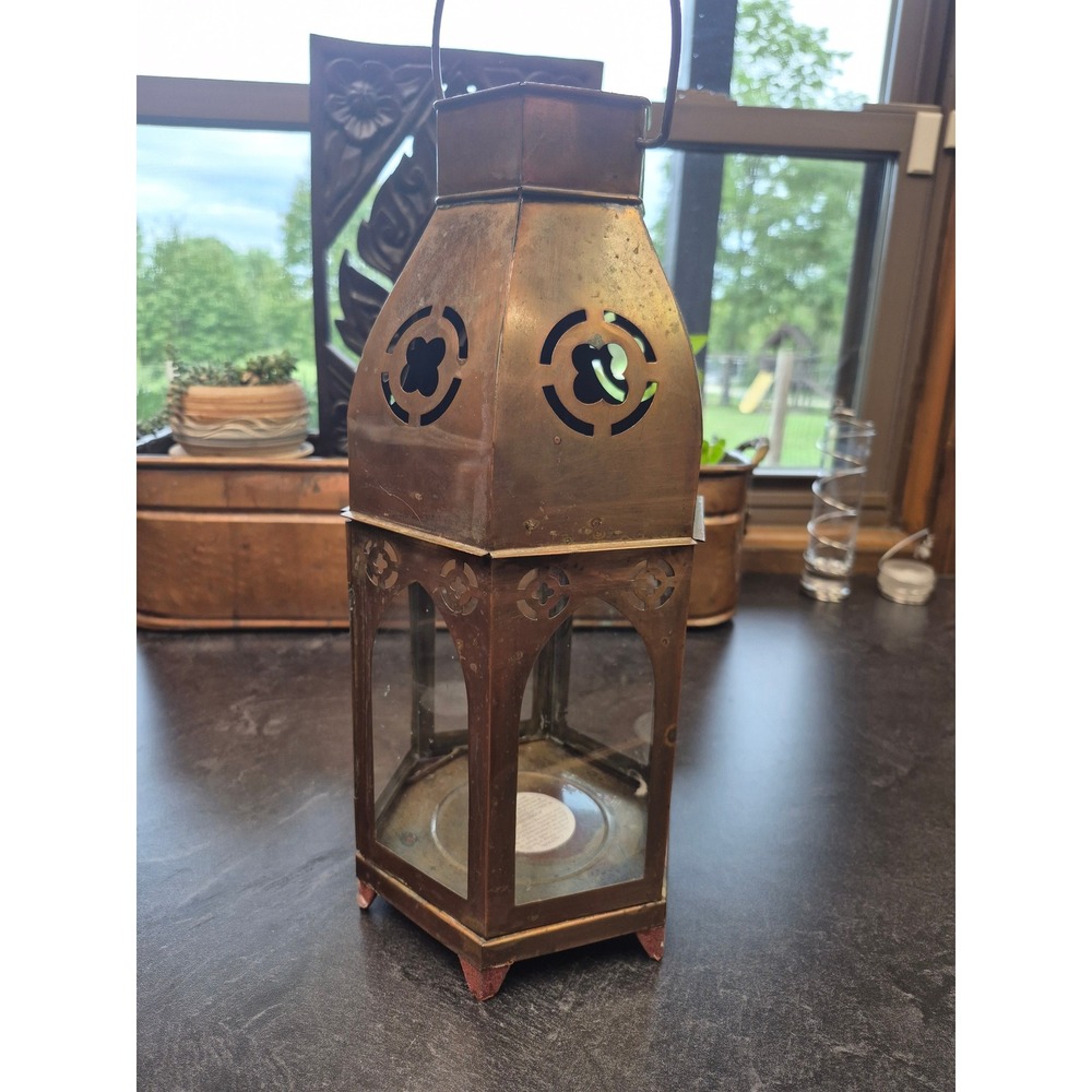 Vintage Hexagonal Brass-Tone Glass Lantern Moroccan Gothic Candle Holder Boho